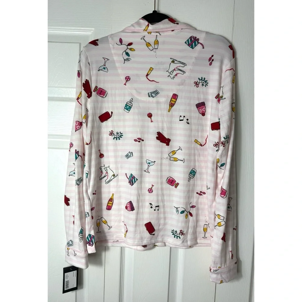 Kate Spade Holiday Cheer Pink White Stripe Button Front PJ Top Size Small